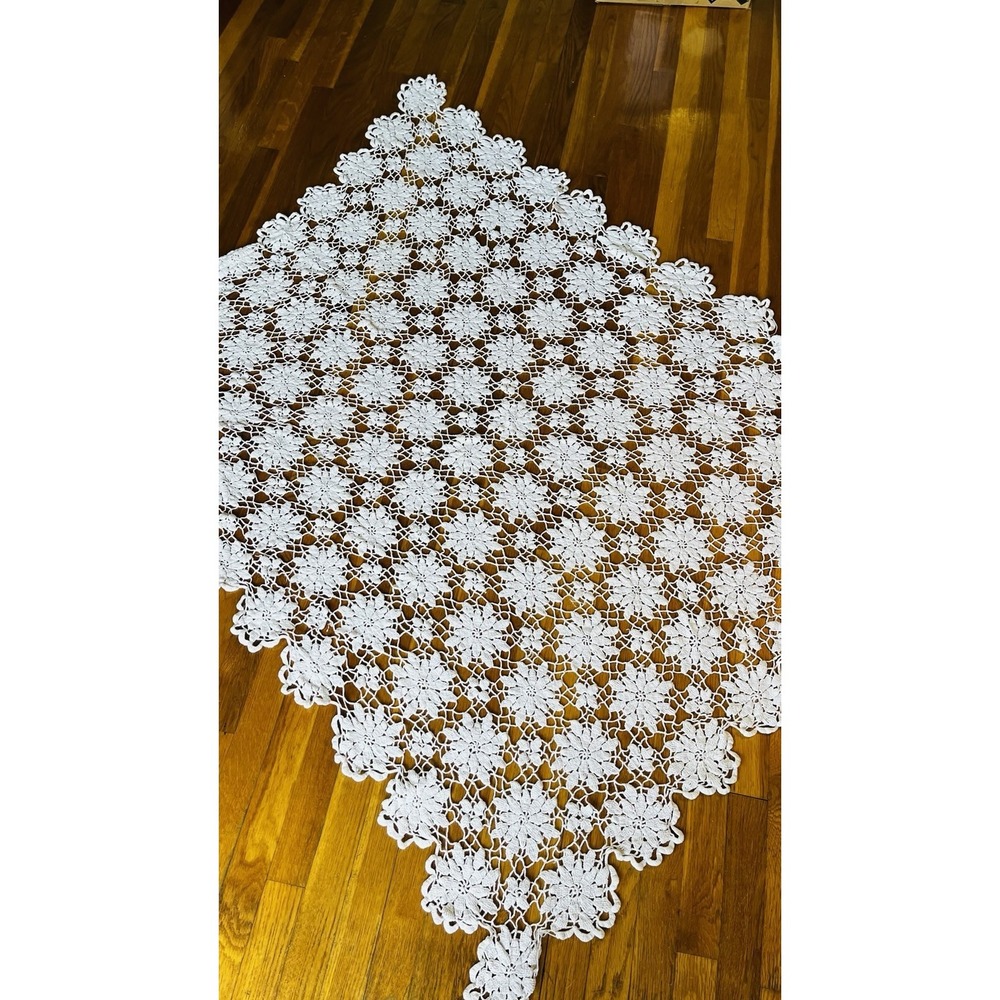 Large Vintage Square Hand Crochet Tablecloth Bed Cover Large Ivory Cotton 54x44